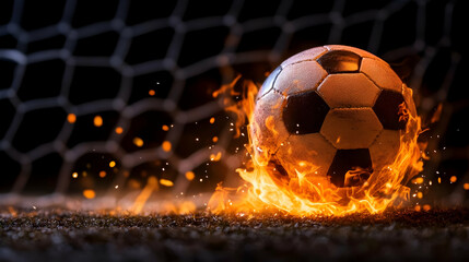 burning soccer ball reaching goal