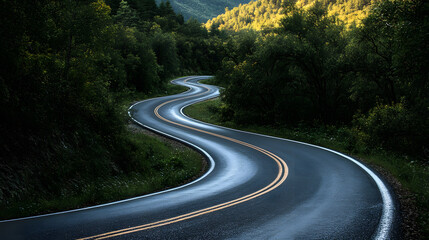 Fototapeta premium A mountain road passing through a forest with winding curves