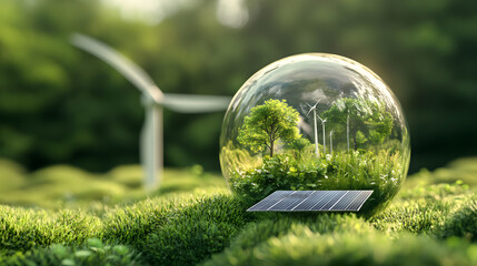 Wind turbine, trees, and solar panels inside a glass orb