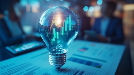 A glowing light bulb with financial graphs inside, symbolizing innovative ideas and data-driven insights in a professional setting.