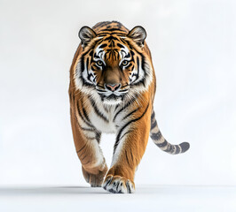 Obraz premium Majestic Siberian Tiger Approaching on White Background, Embodying Strength, Grace, and the Untamed Beauty of Wildlife in a Studio Environment