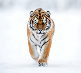 Naklejka premium Majestic Siberian Tiger Strolling in Snow, a Captivating Portrait of Wild Beauty and Grace in a Winter Wonderland, Demonstrating Raw Power