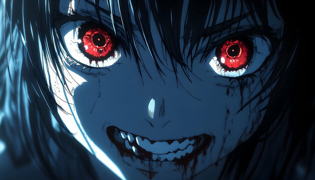 Anime girl, fierce expression, close-up, dark