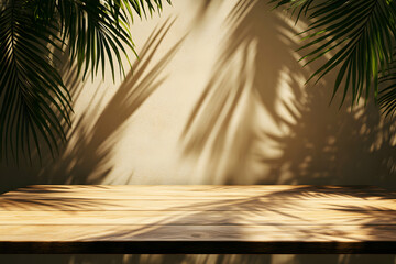 Minimalist display showcasing wooden surface, illuminated by dynamic shadows of tropical palm leaves, enhancing product presentation and visual allure for creative marketing