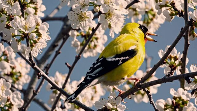 Close-up video of a vibrant yellow bird perched on a blossoming branch, captured from a low angle, highlighting springtime beauty and nature's vivid colors.