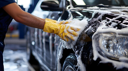 A worker providing car wash service at a car wash station
