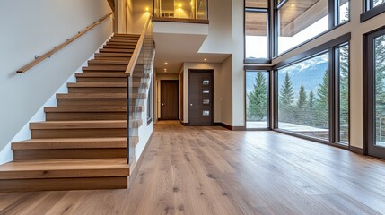 Modern wooden staircase, hallway, and floor in a luxury home with mountain views