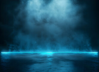 Obraz premium Mysterious Blue Light Illuminates a Fog-Shrouded Stage, Creating an Atmospheric and Intricate Scene with Deep Shadows and Ethereal Light Effects