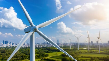 Fototapeta premium Climate change flood heavy rainfall river overflow. Wind turbines against a bright sky and city skyline.