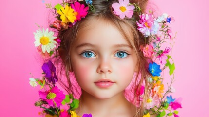 Naklejka premium A cute little girl surrounded by colorful flowers Over pink Studio Background.