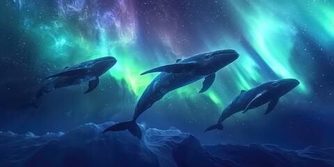 Naklejka premium Dreamlike scene where the aurora takes the shape of cosmic whales swimming.