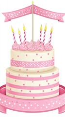 Pink two-tier birthday cake with candles. Celebration dessert, party background