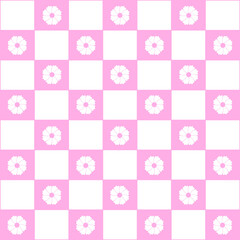 Abstract seamless pattern with flowers. Retro checkered pink background. 