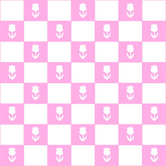 Abstract seamless pattern with flowers. Retro checkered pink background. 
