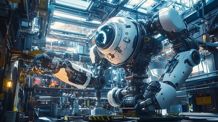 Futuristic Robot in a High-Tech Factory: A Glimpse into Advanced Robotics and Automation
