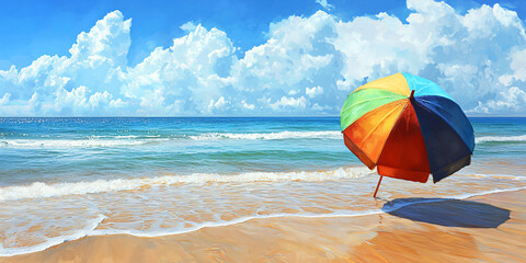 summer beach scene with a colorful umbrella stuck in the sand.