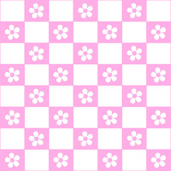 Abstract seamless pattern with flowers. Retro checkered pink background. 