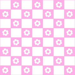 Abstract seamless pattern with flowers. Retro checkered pink background. 