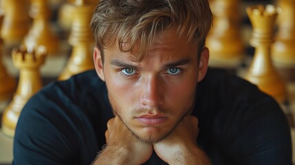 Serious man with blue eyes by giant chessboard