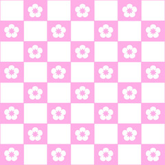 Abstract seamless pattern with flowers. Retro checkered pink background. 