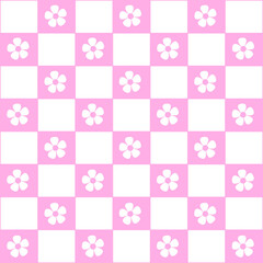 Abstract seamless pattern with flowers. Retro checkered pink background. 