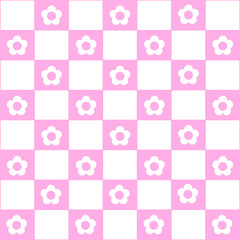 Abstract seamless pattern with flowers. Retro checkered pink background. 
