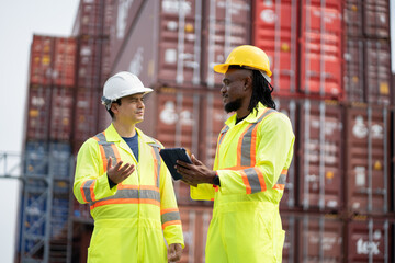 Caucasian and African American engineer man use tablet computer working at container site