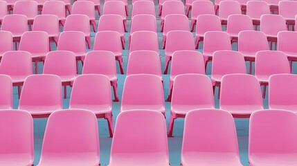 Rows of pink plastic chairs in an empty outdoor arena
