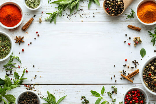 Overhead shot showcasing a vibrant assortment of spices and fresh herbs artistically arranged around a clean white wooden surface creating a culinary-themed background - Powered by Adobe
