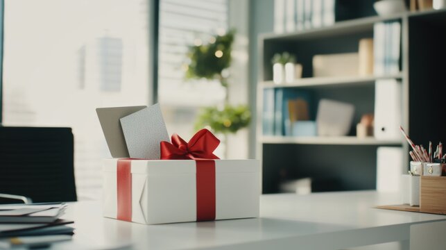 Executive departures with an office desk filled with farewell gifts. Featuring leadership transition and career change