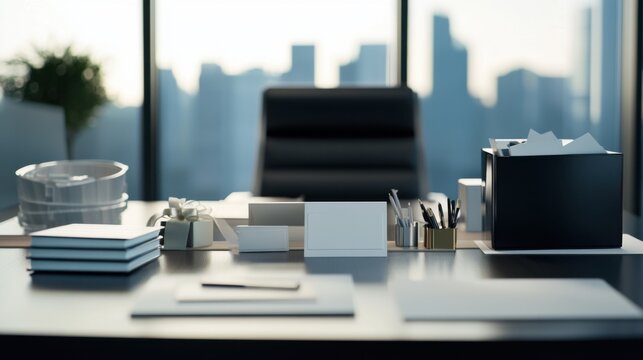 Executive departures with an office desk filled with farewell gifts. Featuring leadership transition and career change