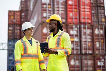 Caucasian and African American engineer man use tablet computer working at container site