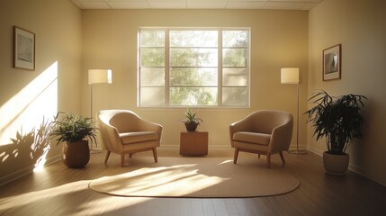 Fototapeta premium Sunlit room with two armchairs, plants, and floor lamps. Perfect for depicting calm, serenity, or therapy concepts.