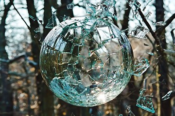 A shattered glass sphere suspended in a sunlit forest, symbolizing fragility and the ephemeral nature of existence.