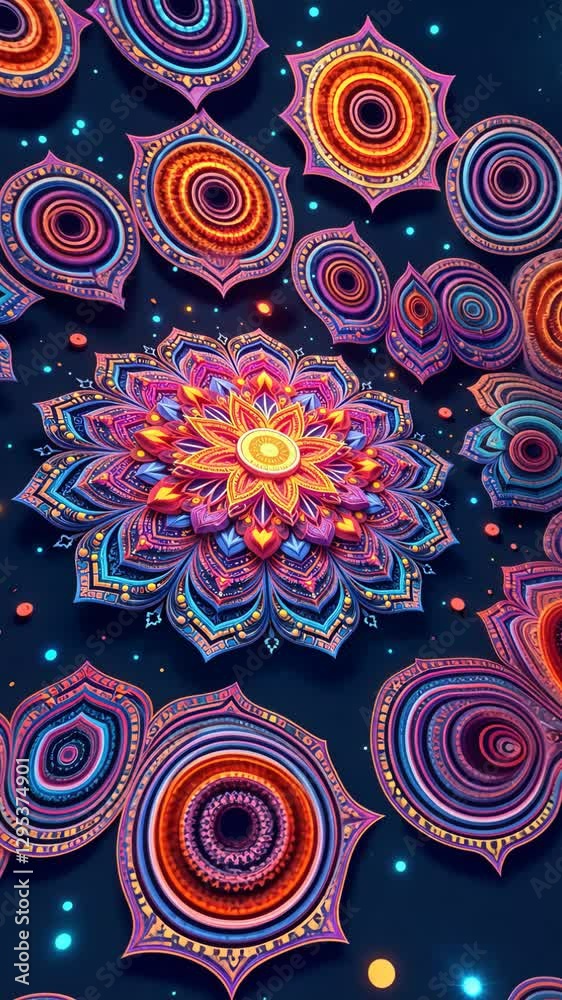 Poster a colorful flower with many petals is shown on a black background. the flower is made up of many sma