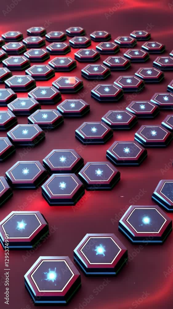 Aufkleber A red background with many hexagonal shapes. The shapes are blue and white. The shapes are arranged in a grid