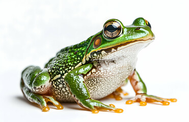 Fototapeta premium Portrait of a Green Frog on a White Background, Amphibian Wildlife Photography, Studio Shot, Detailed Animal Close-Up, Macro Lens Focus, High Resolution