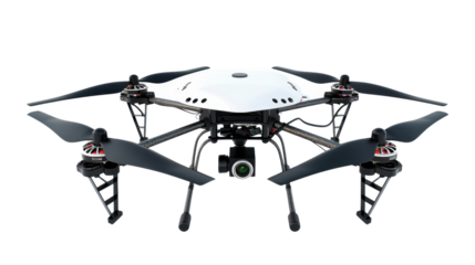 Professional drone hovering with camera and transparent background