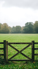 Wooden gate in lush green field , vertical video