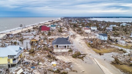 Fototapeta premium Aerial view of coastal town after hurricane, with uprooted trees, destroyed buildings, and debris scattered across the landscape, capturing the aftermath of the storm.