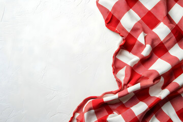 Rustic Charm, Red and White Checkered Picnic Blanket on Textured White Background, Perfect for Food Photography or Festive Holiday Backdrops offering Warmth and Nostalgia