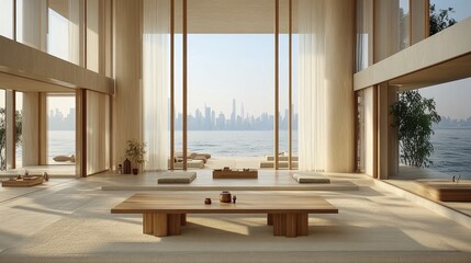 Fototapeta premium Modern Zen Living Room with Water Views