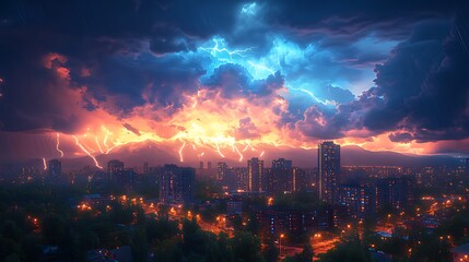 Fototapeta premium Cityscape Lightning Storm Night Dramatic Background