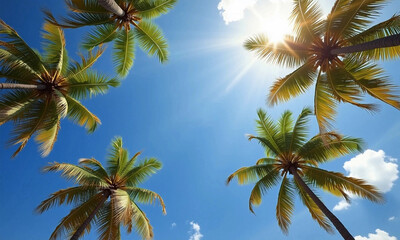 Palm tree tops. Palm trees against the blue sky and clouds.