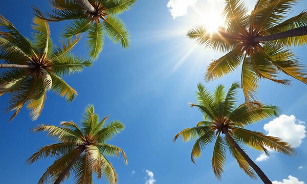 Palm tree tops. Palm trees against the blue sky and clouds. - Powered by Adobe