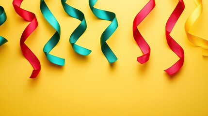 Colorful ribbons swirl on yellow; celebration background, festive design