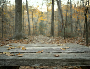 Fototapeta premium Rustic Picnic Table in Autumn Forest, A Serene Outdoor Scene with Fallen Leaves and a Weathered Table Top Suggesting Tranquility and Seasonal Change