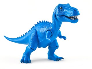 Bright blue plastic toy dinosaur with detailed spikes isolated on a white background