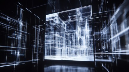Abstract futuristic digital architecture with glowing lines creating a network of geometric shapes in a dark space