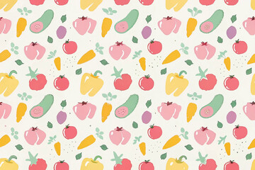 Seamless pattern of pastel-colored vegetables tomatoes, carrots, cucumbers, peppers, and herbs on a beige background.